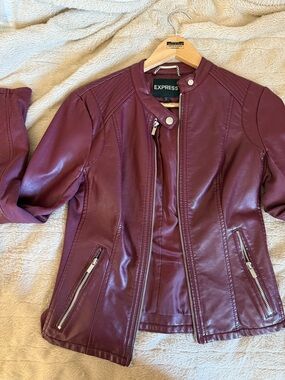 Express Women's Burgundy Faux Leather Moto Jacket with Zip Details